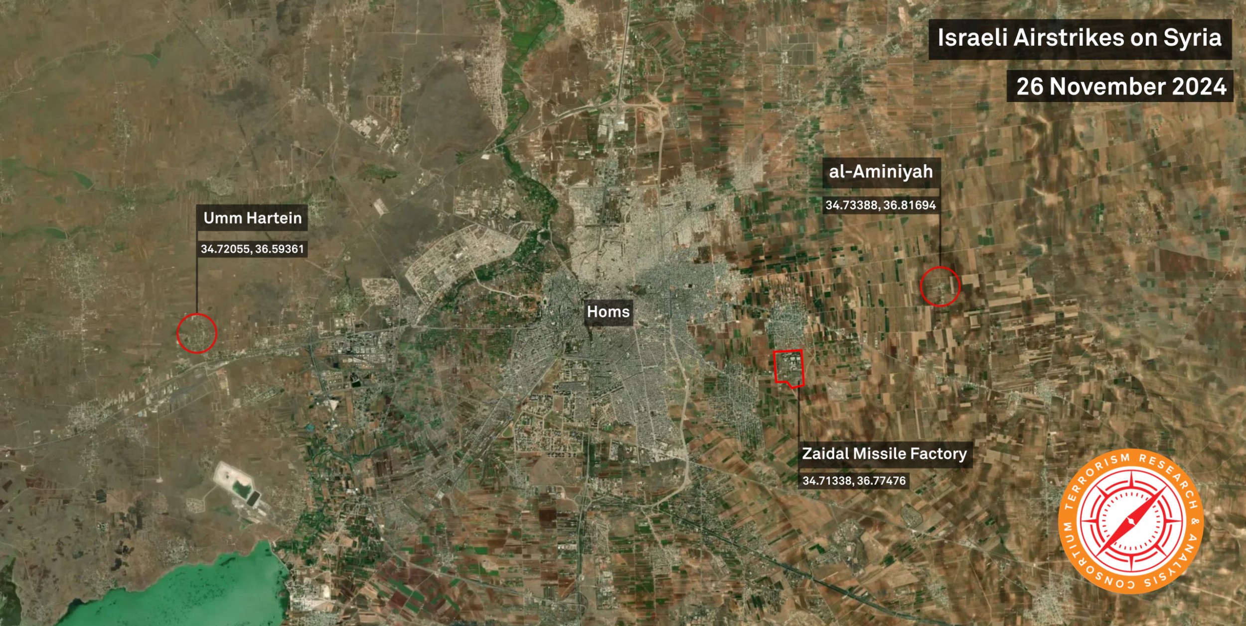 TRAC Incident Report: Two Israeli Airstrikes Hit Umm Hartein and Al-Aminiyah, Homs Governorate, Syria - 26 November 2024