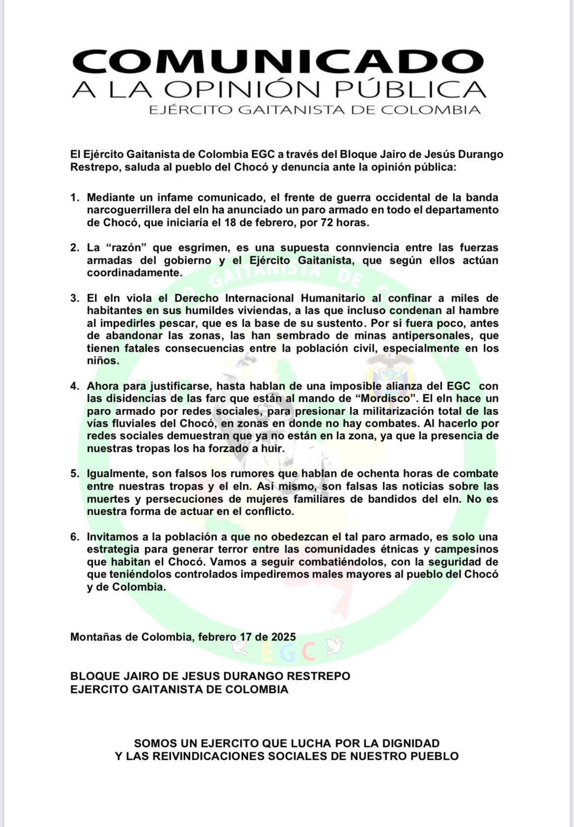 (Statement) Las Autodefensas Gaitanistas De Colombia (AGC) Group Denies the National Liberation Army (ELN) Allegation of an Alliance Between AGC and Central General Staff (EMC/FARC) in Chocó, Colombia - 17 February 2025