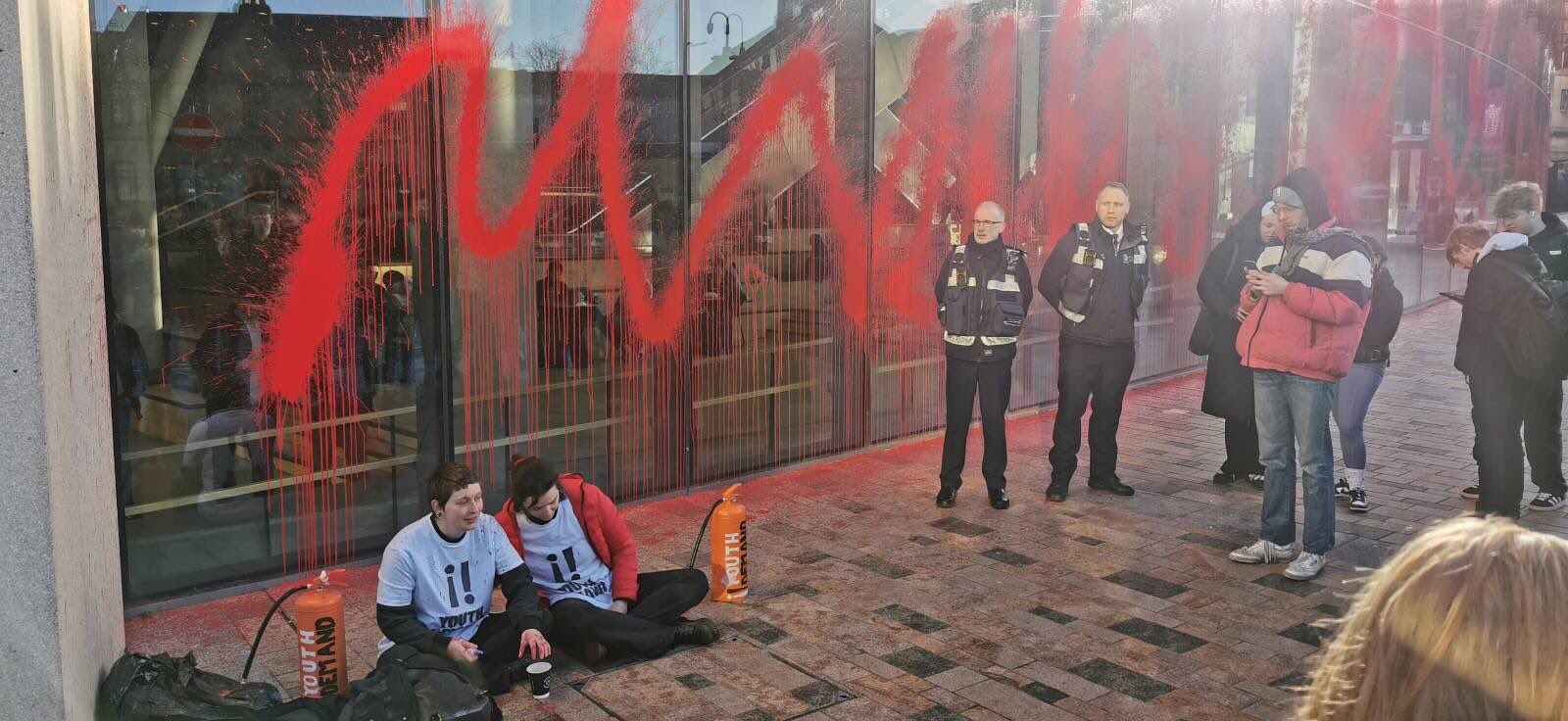 (Photos & Video) Pro-Palestine 'Youth Demand' Activists Vandalize the Glasgow University Building with Red Paint, Glasgow, Scotland, United Kingdom - 06 February 2025