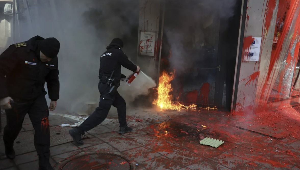 Pro-Russia Far-Right Activists of the 'Vazrazhdane' (Revival) Group Target the European Union (EU) Building with Molotov Cocktails, Sofia, Bulgaria - 22 February 2025
