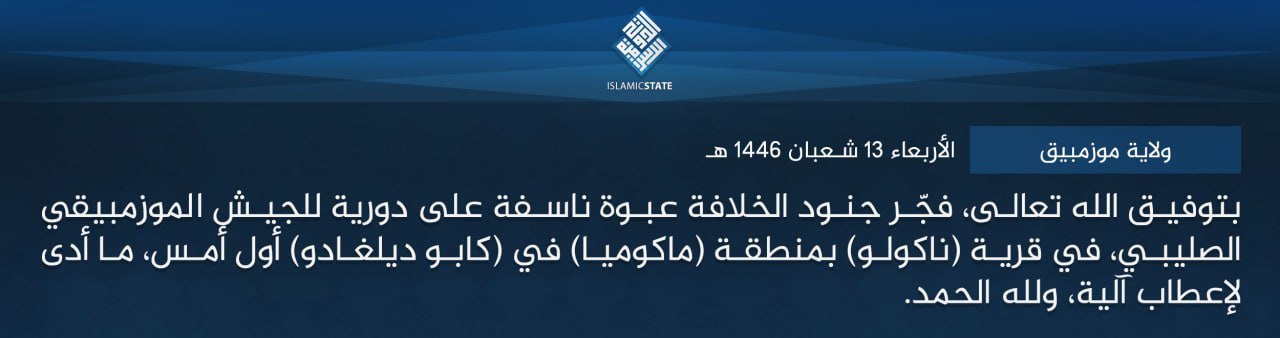 TRAC Incident Report: Islamic State Mozambique (IS-M/Shabaab Cult/Wilayat Muzinbik) Militants Detonated an IED Targeting Mozambican Army Forces in Nagulué, Macomia District, Cabo Delgado Province, Mozambique - 10 February 2025
