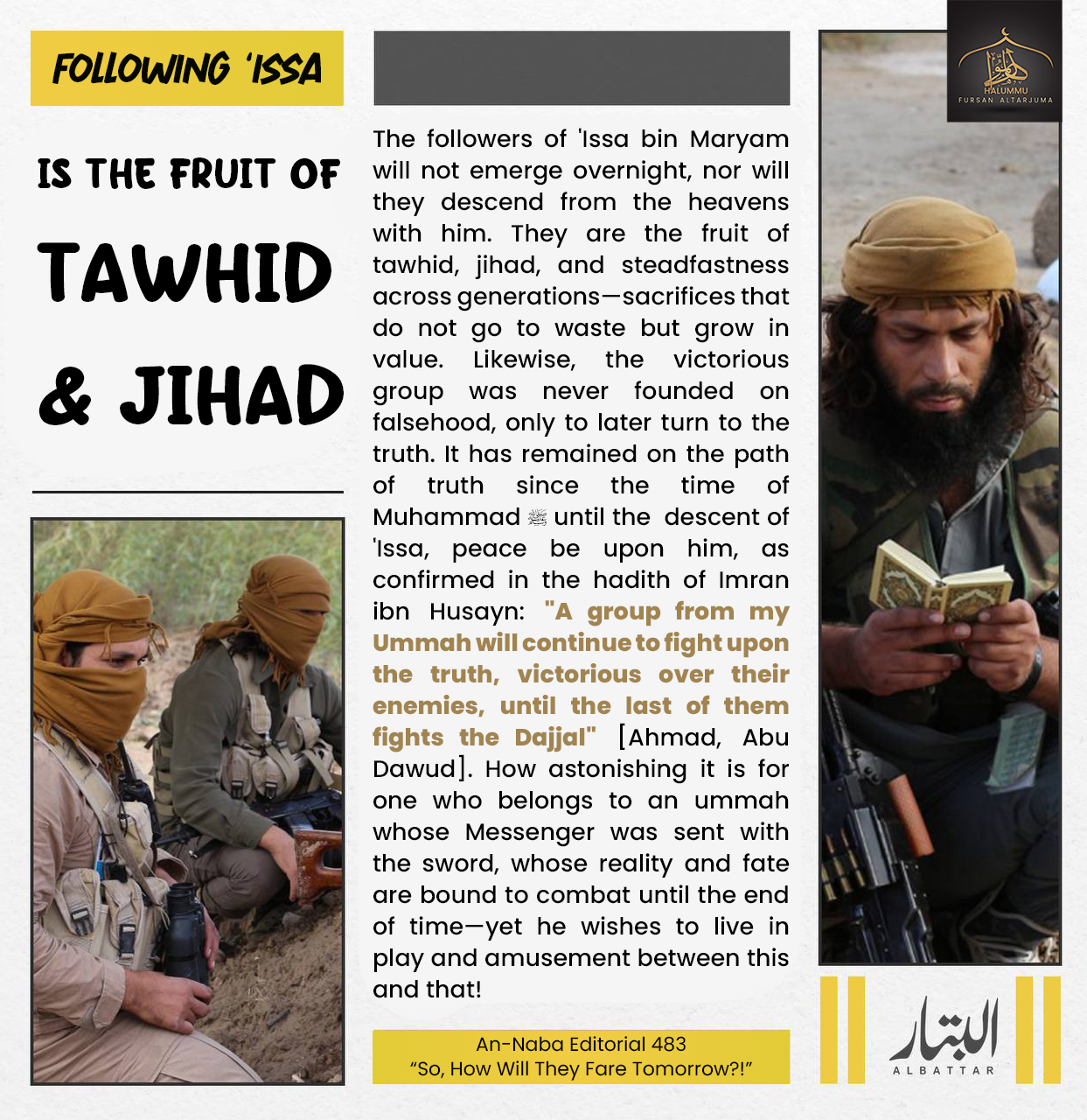 (Poster) al-Battar Media (Unofficial Islamic State Khurasan/ISK): ‘Following Issa is the Fruit of Tawid & Jihad’ – 20 March 2025