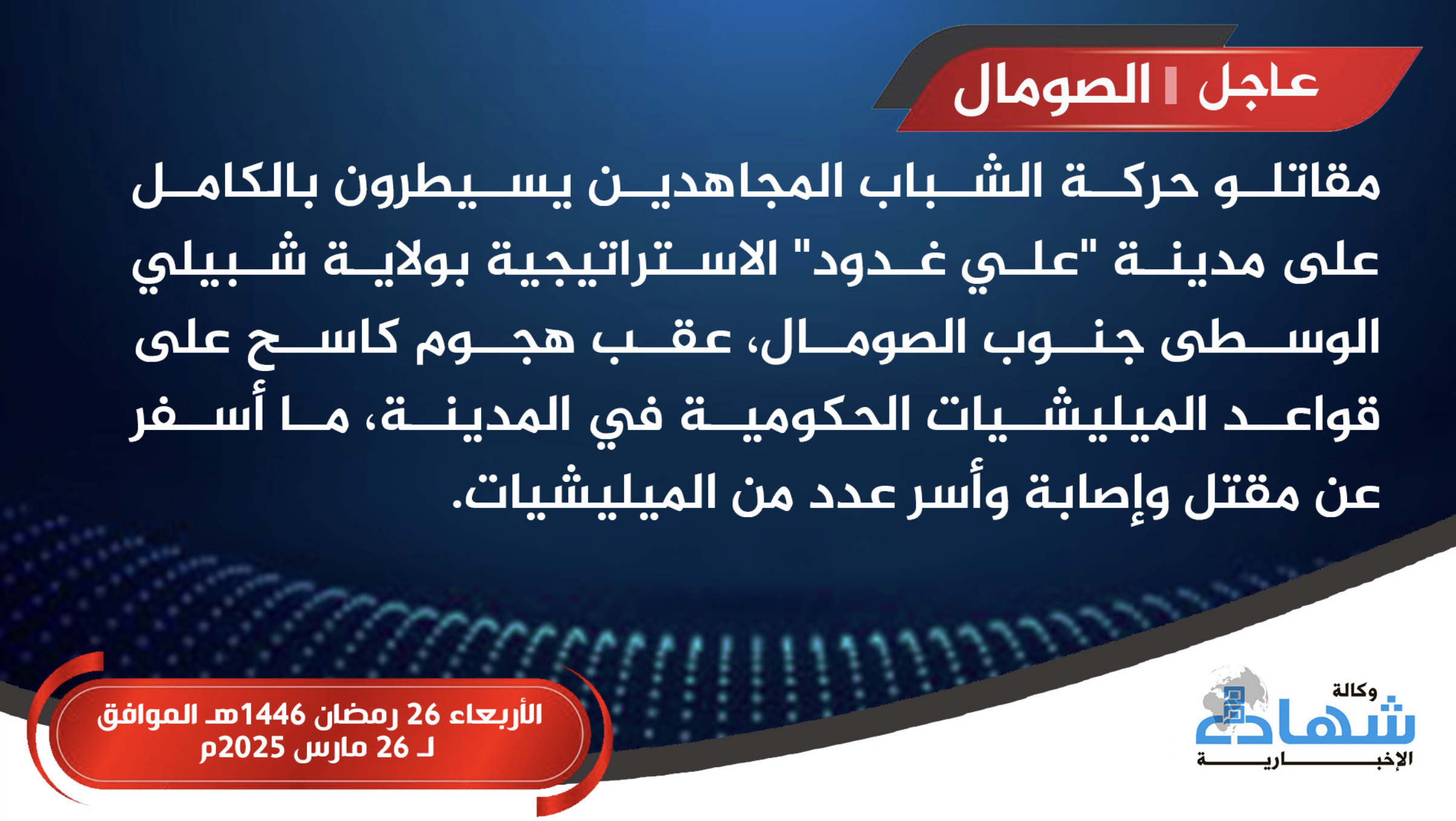 TRAC Incident Report: Al-Shabaab Militants Take Full Control Over Village Following Sweeping Attacks Against Somali Forces Military Bases, in Cali Guduud, Middle Shabelle, Somalia - 26 March 2025