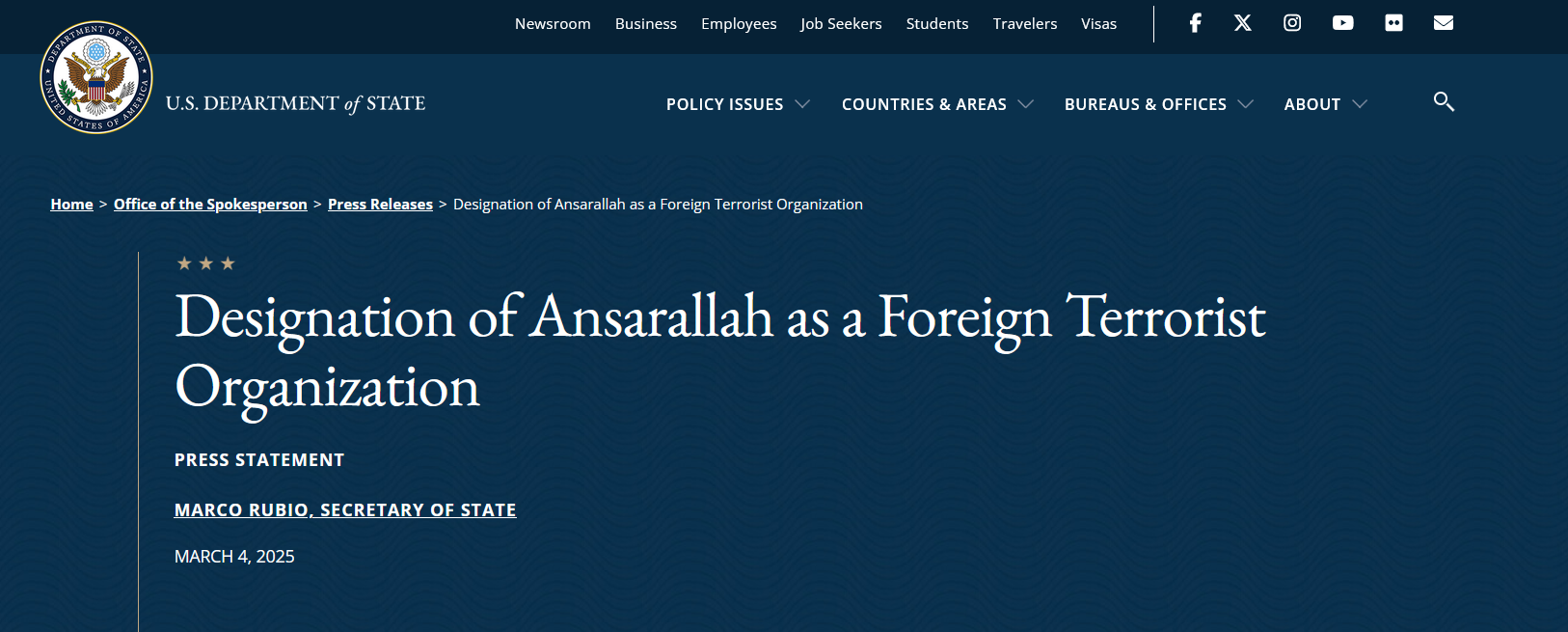 (Statement) United States (US) Reinstates Ansarallah (Houthi) Foreign Terrorist Organization (FTO) Designation - 4 March 2025