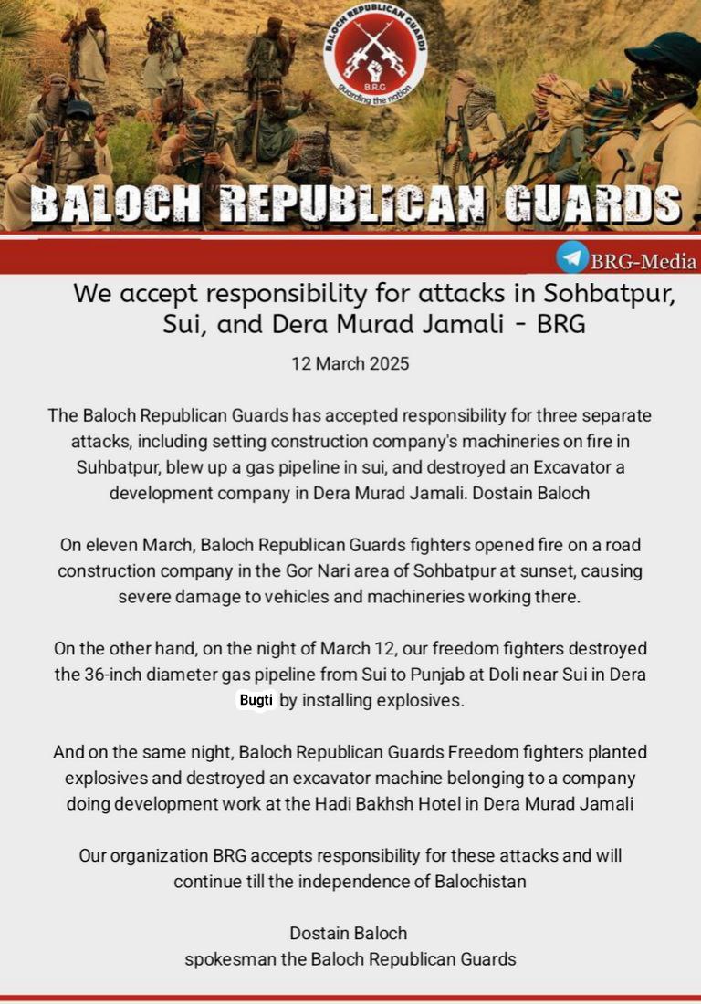 TRAC Incident Report: Baloch Republican Guards (BRG) Accepts Responsibility for Separate Attacks in Sui, Sohbatput and Dera Murad Jamali, Balochistan, Pakistan- 12 March 2025