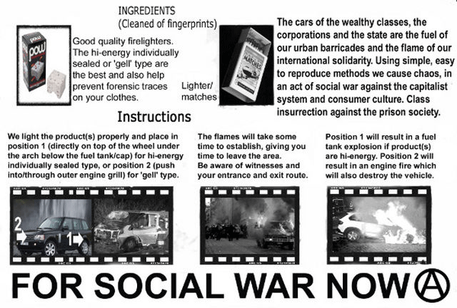 Anarchist Group "Anarchists Against Electric Vehicles, Vehicles and Electricity" Gives Instructions for Tesla Arson in Online Post