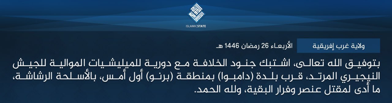 TRAC Incident Report: Islamic State West Africa (ISWA/Wilayat Gharb Afriqiyah) Militants Clashed With Nigerian Militia Forces in Damboa, Borno State, Nigeria - 24 March 2025
