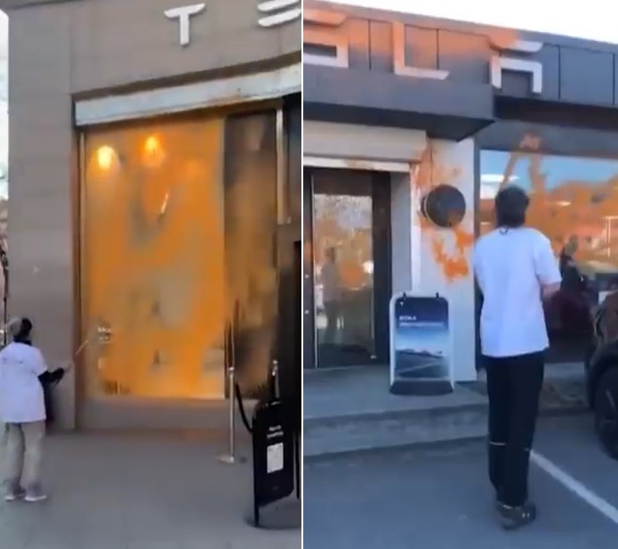 Environmental Activists of the Restore Wetlands Group Vandalize Two Tesla Stores with Orange Paint in Malmö and Stockholm, Sweden - 31 March 2025