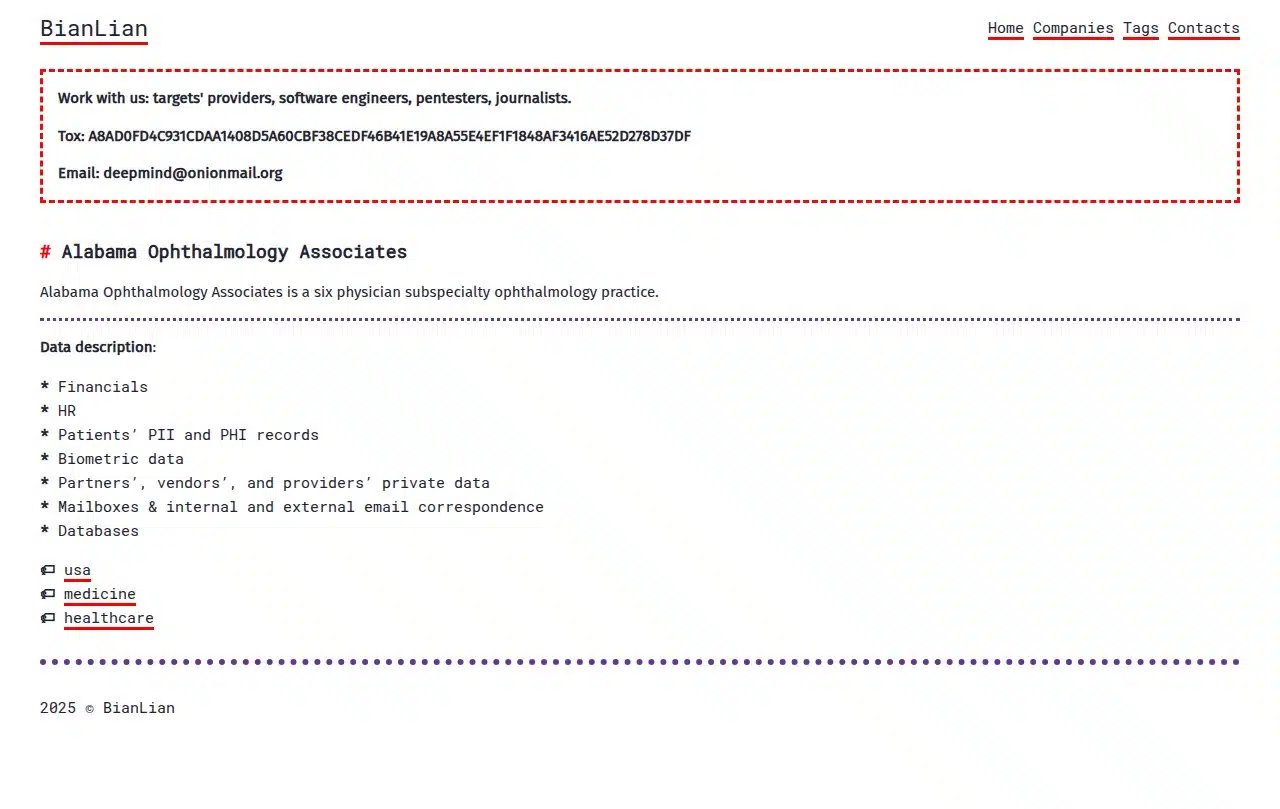 BianLian Hacker Group Claims Responsibility for a January 2025 Data Breach from Alabama Ophthalmology Associates Company's Patients, Birmingham, Alabama, United States - 07 April 2025