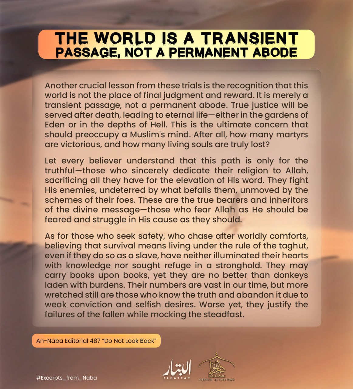 (Poster) Unofficial Islamic State (IS) Halummu Media: ‘The World is a Transient Passage, Not a Permanent Abode’ – 7 April 2025