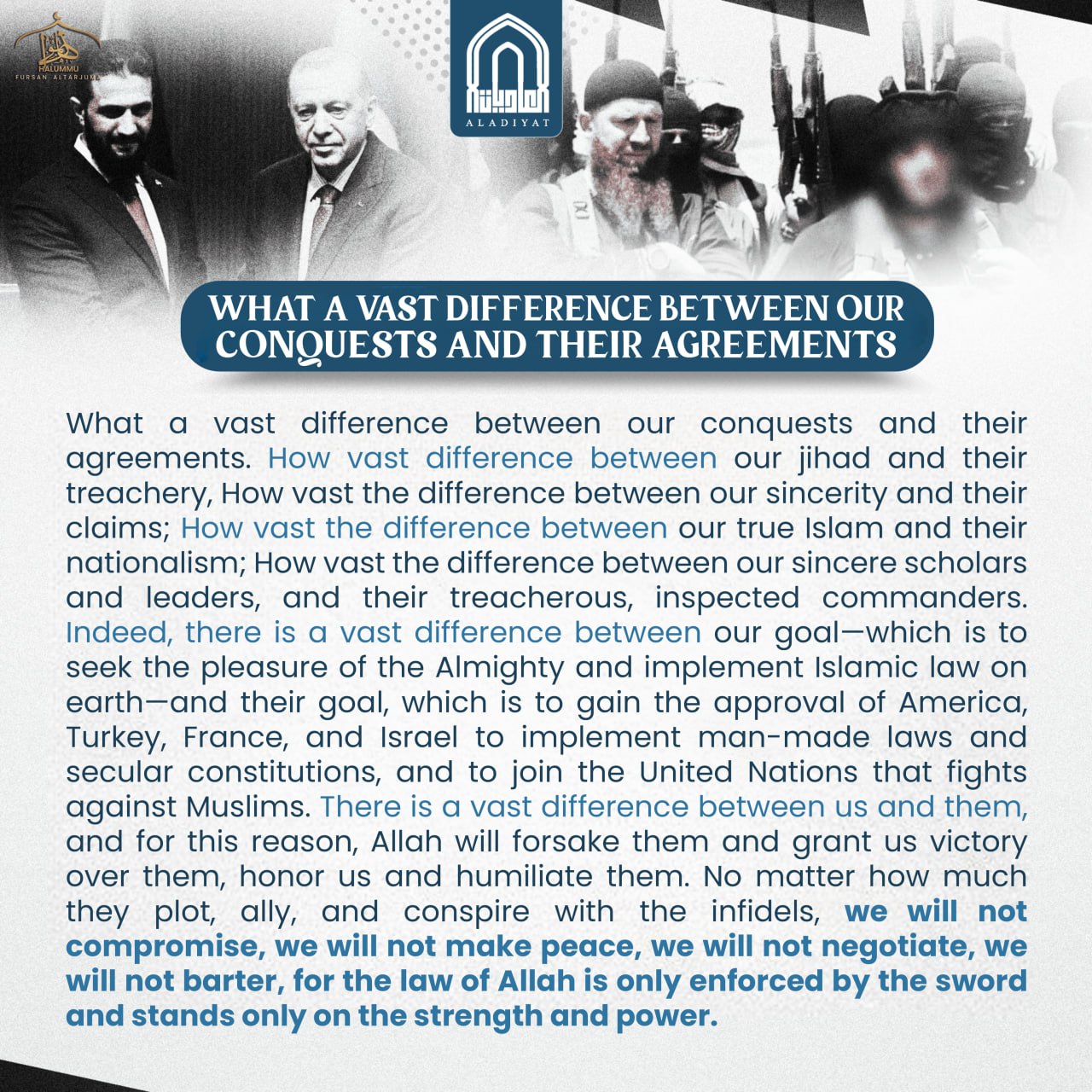 (Poster) Unofficial Islamic State (IS) Halummu Media: ‘What a Vast Difference Between our Conquests and Their Agreements’ – 24 April 2025 