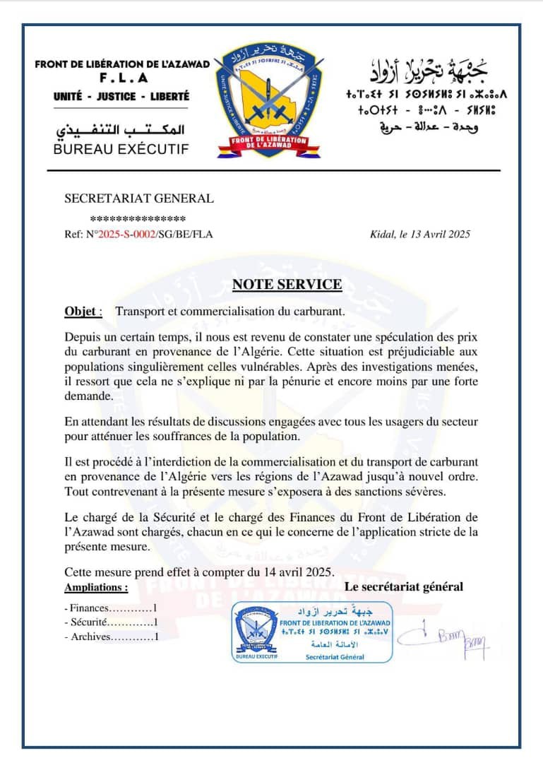 (Chatter) Azawad Officials Announce Ban on Transportation of Algerian Fuel in "Azawad" Territories in Mali - 13 April 2025