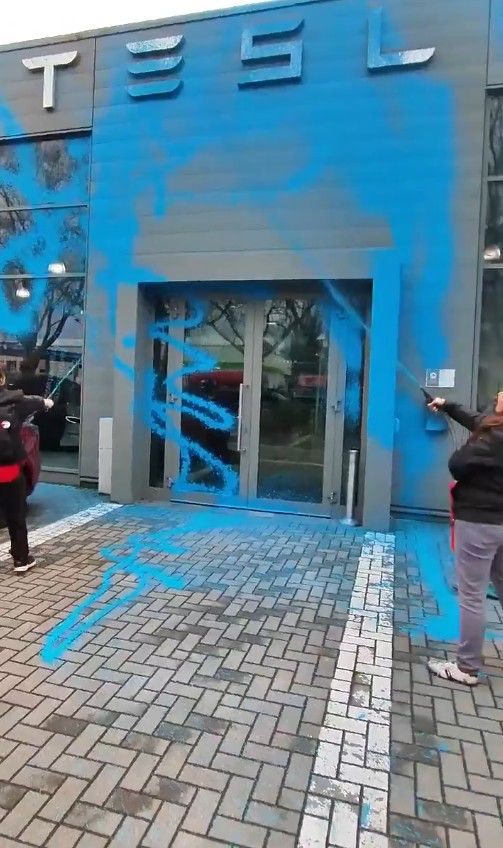 (Video) Anti-Elon Musk Environmental Activists of the Last Generation Group Vandalize a Tesla Store with Blue Paint, Berlin, Germany - 31 March 2025