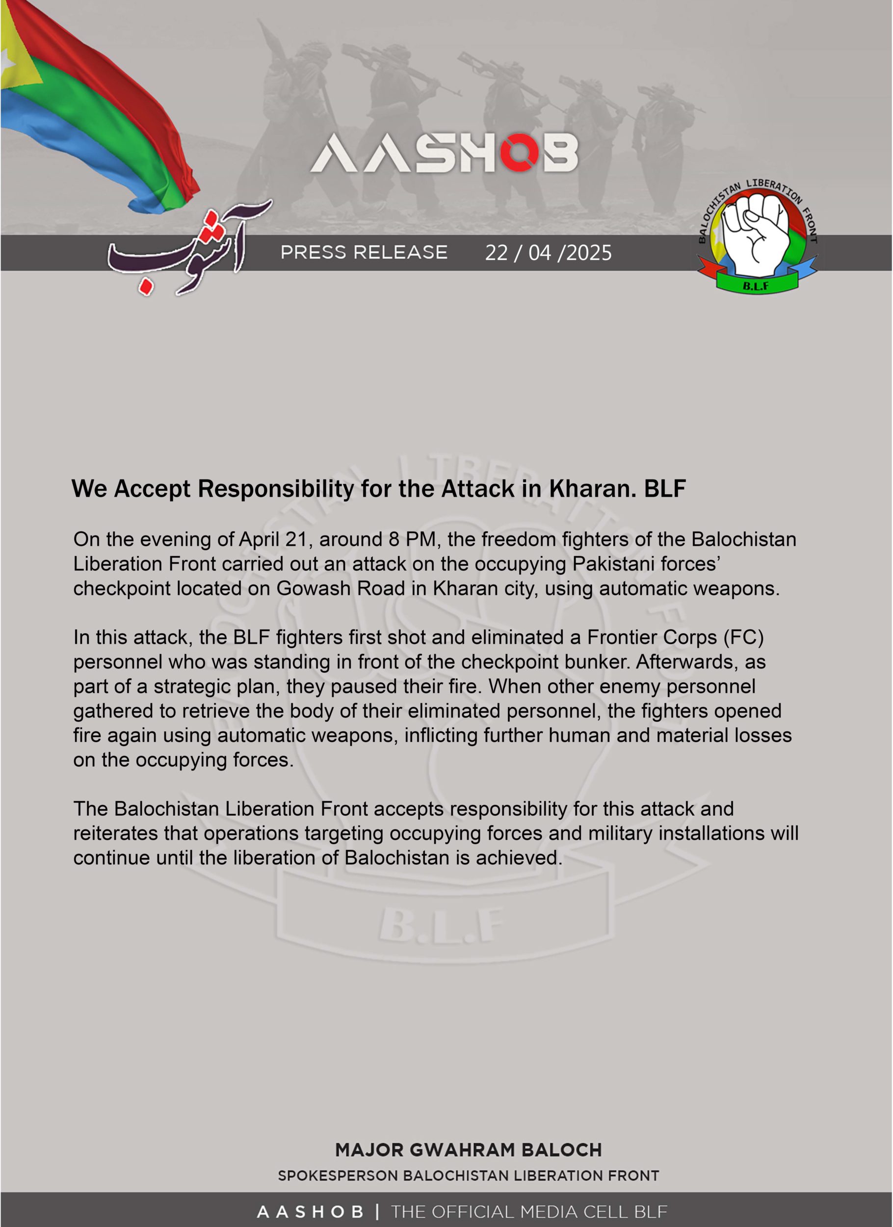 TRAC Incident Report: Balochistan Liberation Front (BLF) Attacked Pakistani Checkpoint in Gowash Road, Kharan, Balochistan, Pakistan- 21 April 2025