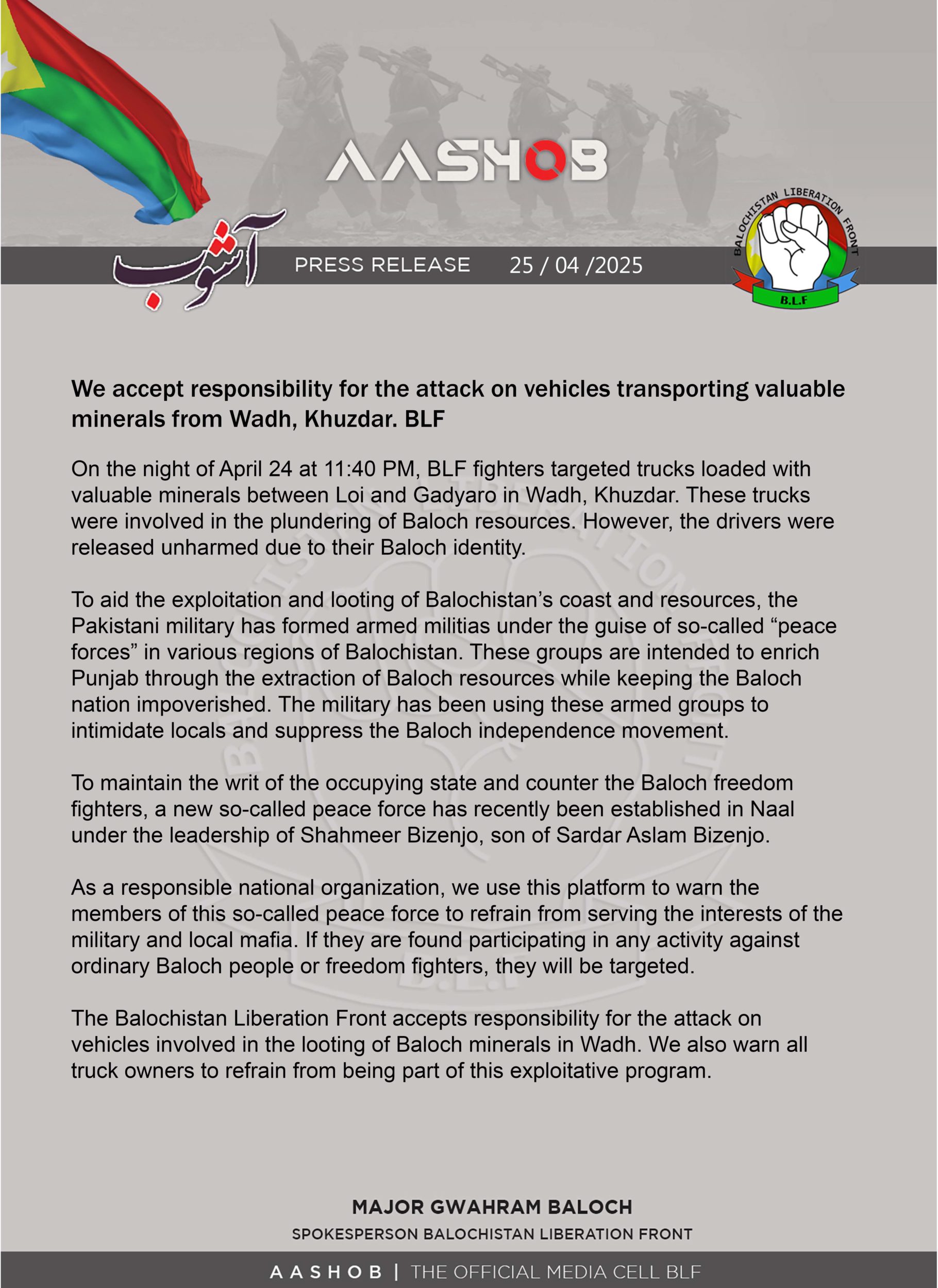 TRAC Incident Report: Balochistan Liberation Front (BLF) Targeted Vehicles Transporting Minerals Between Loi and Gadyaro, Wadh, Khuzdar, Balochistan, Pakistan- 24 April 2025