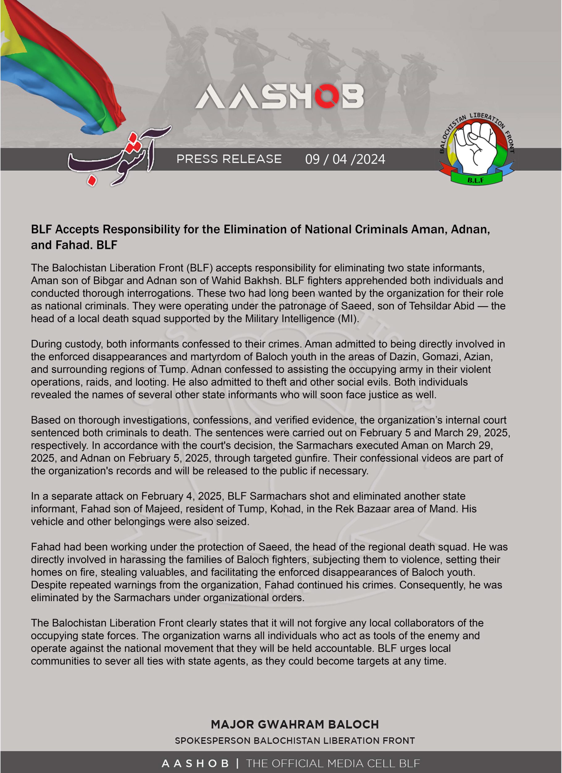 TRAC Incident Report: Balochistan Liberation Front (BLF) Accepts Responsibility for the Elimination of Two State Informants and Head of Death Squad in Tump, Balochistan, Pakistan- 9 March 2025