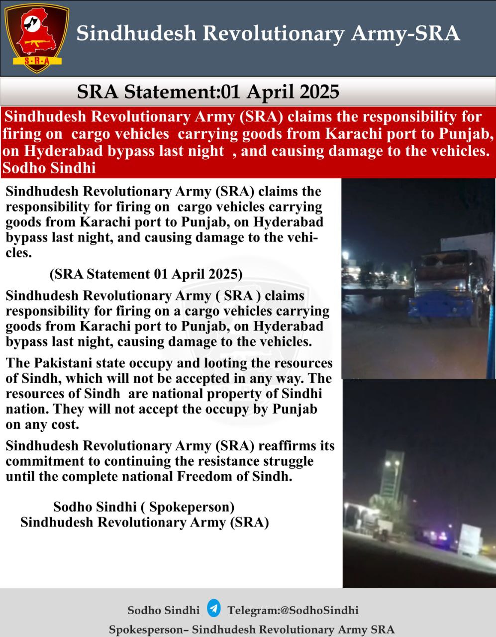 TRAC Incident Report: Sindhudesh Revolutionary Army (SRA) Fires on Cargo Vehicles Carrying Goods from Karachi Port to Punjab, on Hyderabad Bypass, Hyderabad District, Sindh, Pakistan- 1 April 2025