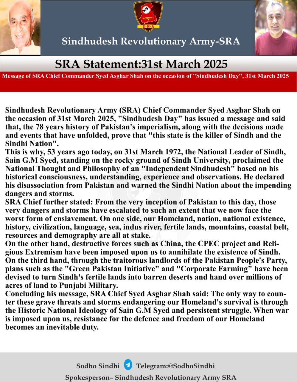 TRAC Chatter: Sindhudesh Revolutionary Army (SRA) Chief Commander Syed Asghar Shah Message on the occasion of 31st March, "Sindhudesh Day"-31 March 2025
