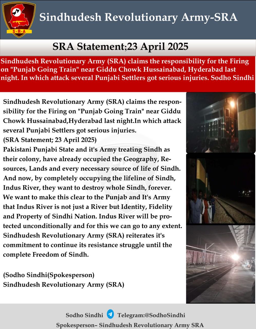 TRAC Incident Report: Sindhudesh Revolutionary Army (SRA) Takes Responsibility for the Firing on "Punjab Going Train" near Giddu Chowk Hussainabad, Hyderabad, Sindh, Pakistan- 23 April 2025