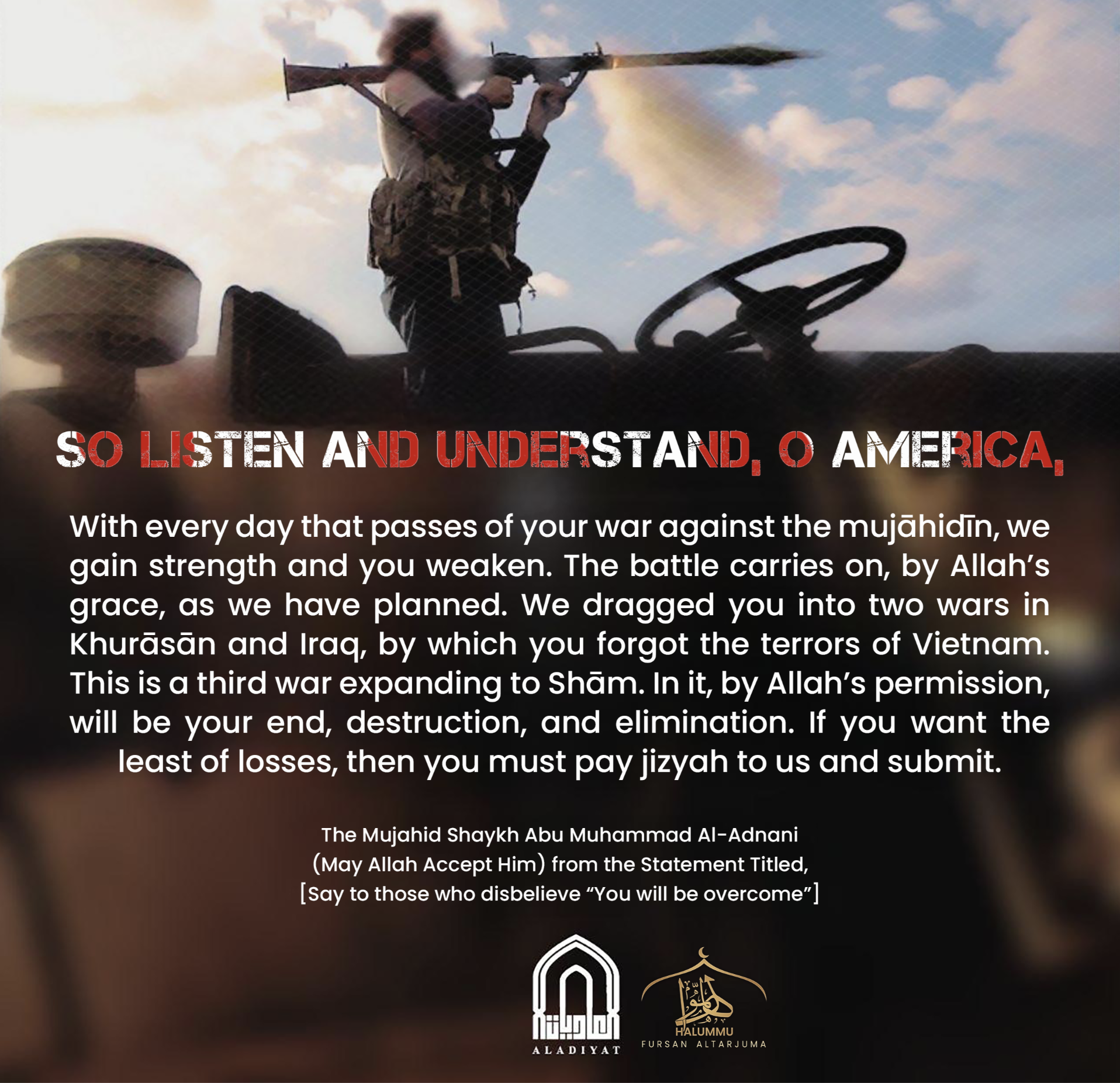 (Poster) Unofficial Islamic State (IS) Halummu Media: 'So Listen And Understand, O America' - 22 April 2025