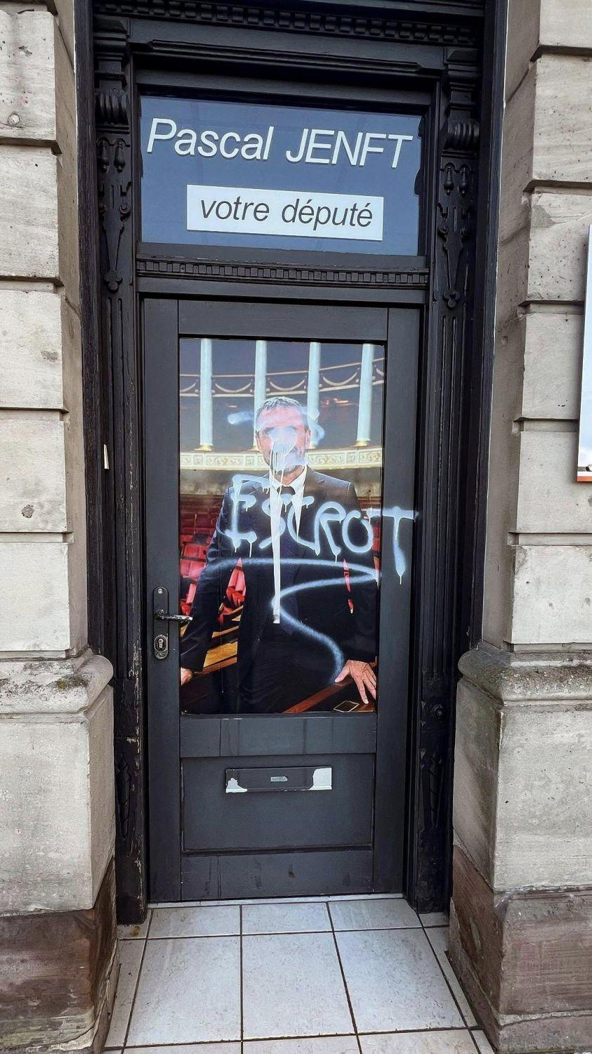 Suspected Anatchists Vandalized RN deputy Pascal Jenft’s Office Following Marine Le Pen’s Conviction in Sarreguemines, France - 01 April 2025
