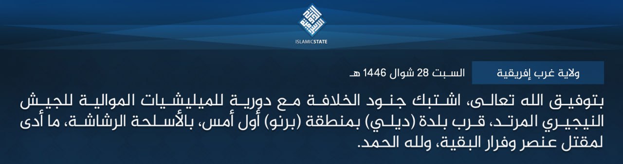 TRAC Incident Report: Islamic State West Africa (ISWA/Wilayat Gharb Afriqiyah) Militants Led an Armed Assault on Nigerian Militia Forces in Dille, Borno State, Nigeria - 24 April 2025