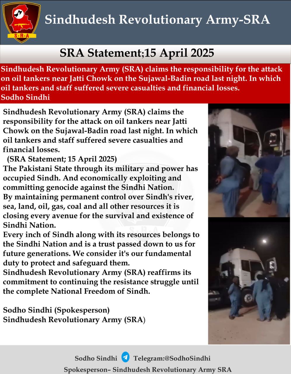 TRAC Incident Report: Sindhudesh Revolutionary Army (SRA) Attacks Oil Tankers near Jatti Chowk on the Sujawal-Badin Road in Sodho, Sindhi, Pakistan- 15 April 2025