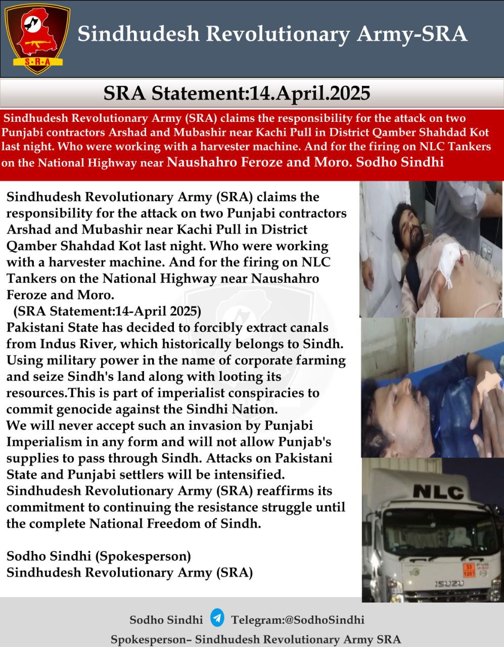 TRAC Incident Report: Sindhudesh Revolutionary Army (SRA) Attack Two Punjabi Contractors and Fires (Arson) on NLC Tankers on the National Highway near Naushahro Feroze and Moro, Sodho, Sindhi, Pakistan- 14 April 2025