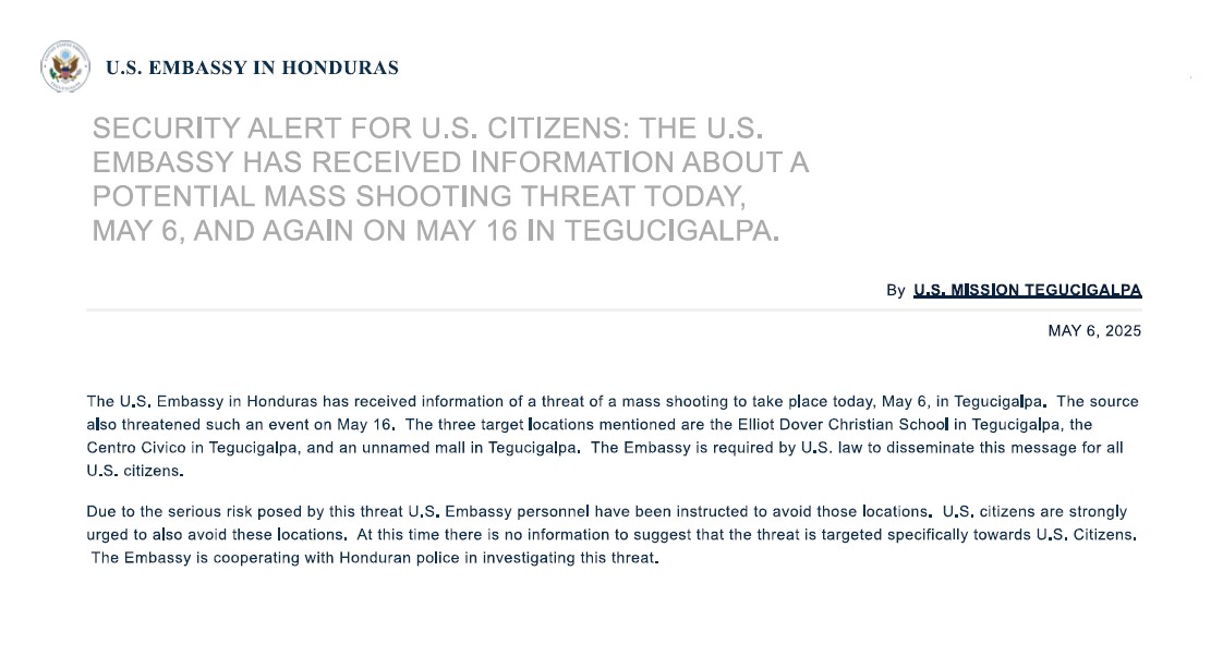 United States Authorities Warn About Potential Mass Shootings at Three Sites in Tegucigalpa, Honduras - 06 May 2025