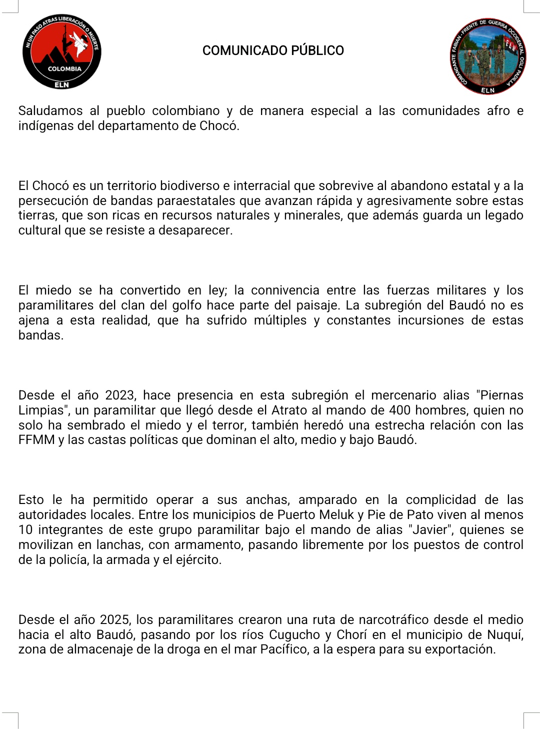 National Liberation Army (ELN) Announces an 'Armed Strike' in the Baudó River Area, Chocó Department, Colombia - 01 May 2025