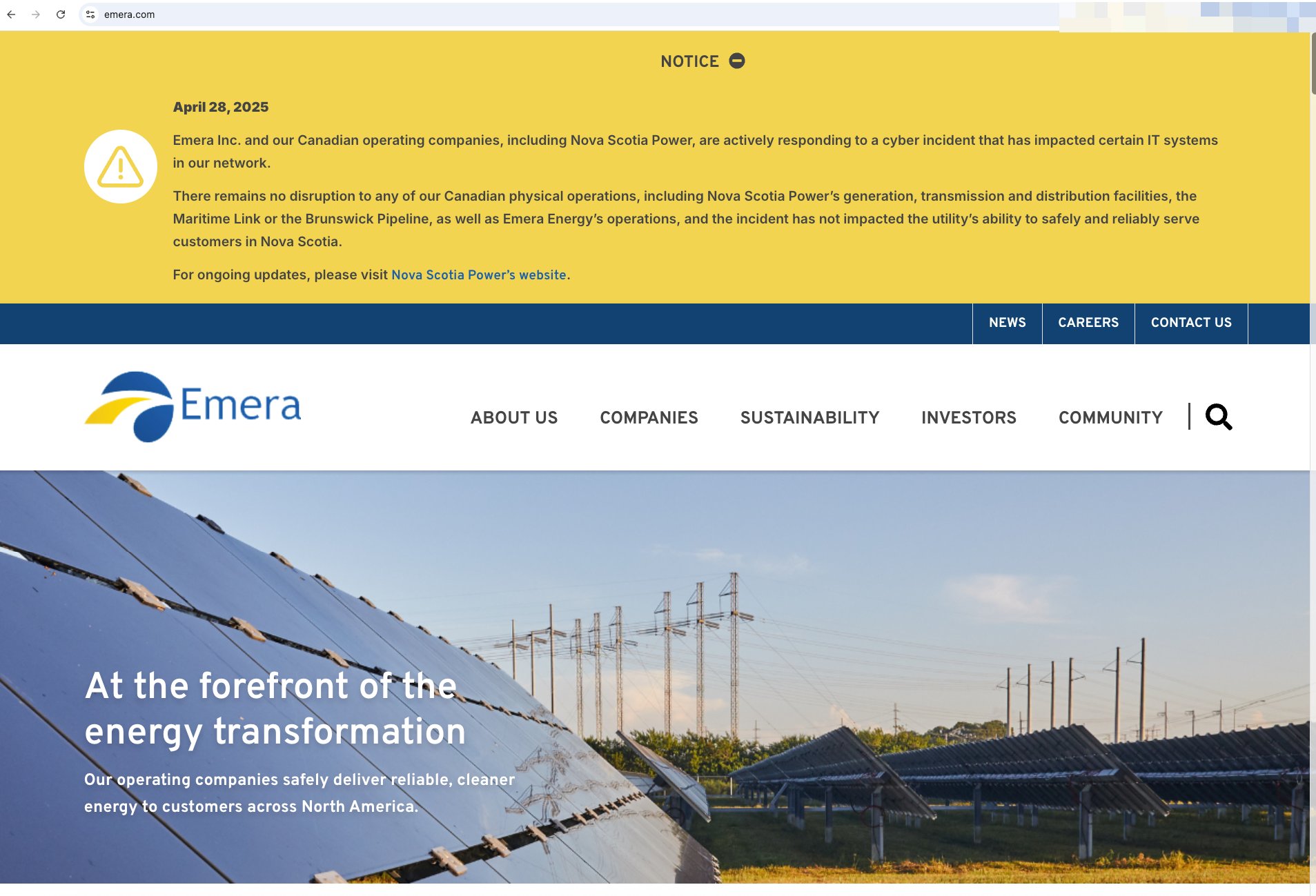 Canadian Energy Companies Emera and Nova Scotia Power Targeted by Simultaneous Cyberattacks, Canada - 25 April 2025