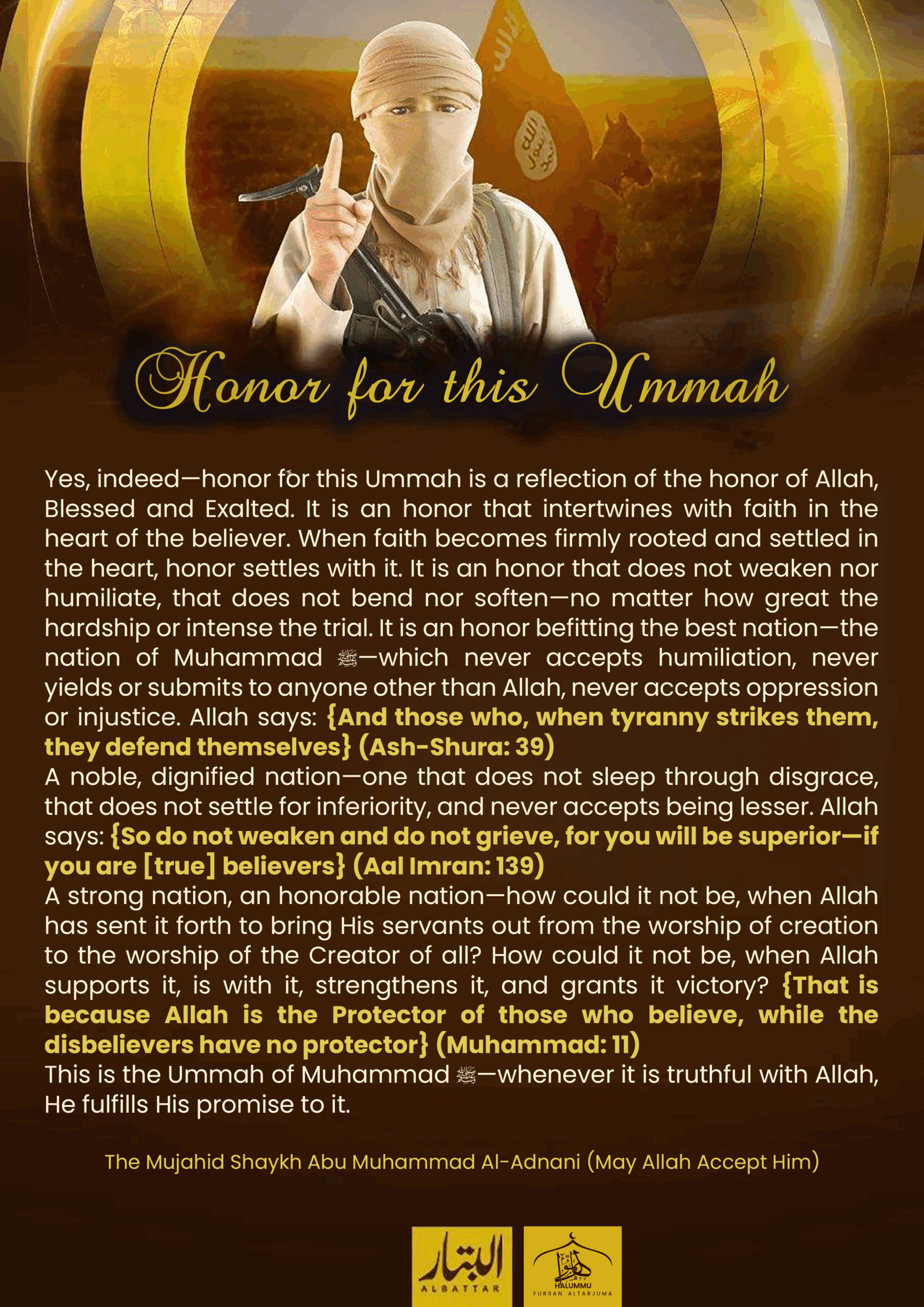 (Poster) Unofficial Islamic State (IS) Halummu Media: 'Honor for this Ummah' – 1 May 2025 