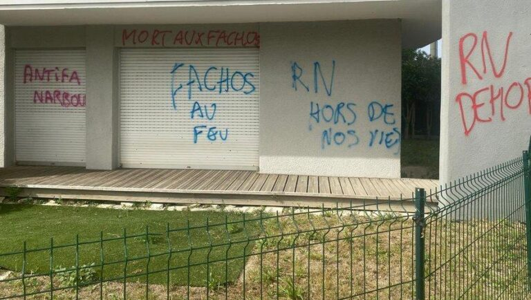 Anarchists Use May Day Chaos of May Day Protests to Graffiti Rassemblement National (RN) Office 5 Quai Vallière, 11100 Narbonne, France - 01 May 2025
