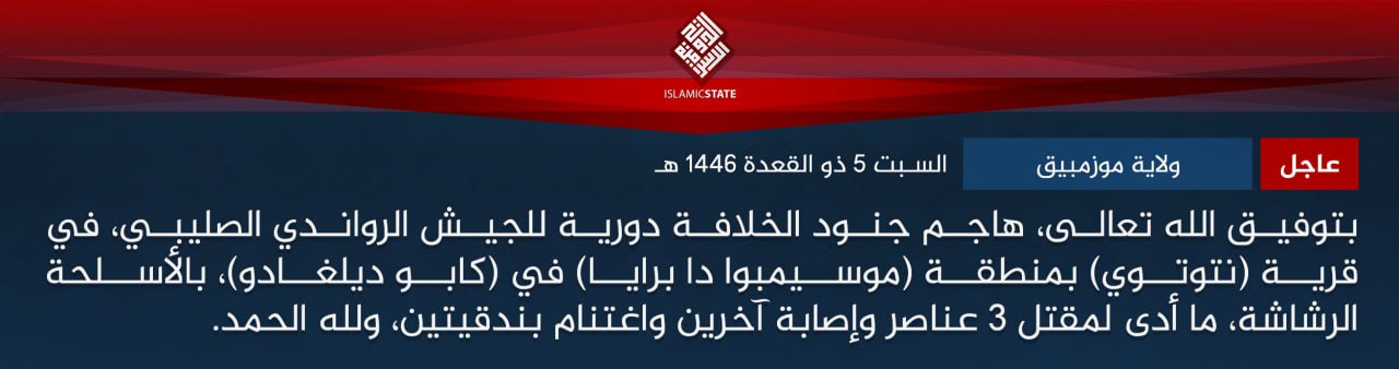 TRAC Incident Report: Islamic State Mozambique (IS-M/Shabaab Cult/Wilayat Muzinbik) Militants Led an Armed Assault on Rwandan Army Forces in Ntotwe, Mocímboa da Praia District, Cabo Delgado Province, Mozambique - 3 May 2025