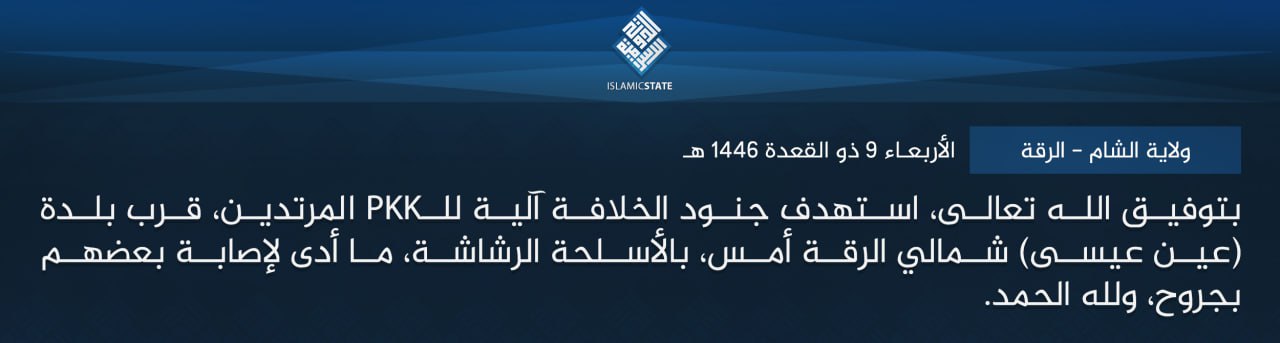 TRAC Incident Report: Islamic State (IS) Militants Armed Assault on a Syrian Democratic Forces (SDF/PKK) Patrol Vehicle, near Ayn Issa, North of Raqqa, Syria – 6 May 2025